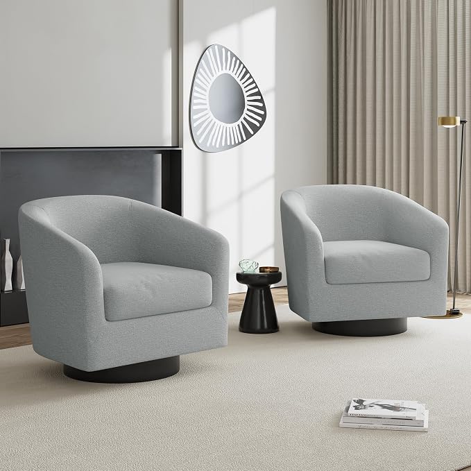 Swivel Accent Chairs Set of 4, Chenille Barrel Chair Upholstered Armchair for Living Room, Modern Round Arm Chair Small Single Sofa Bedroom Reading Seat - Light Gray