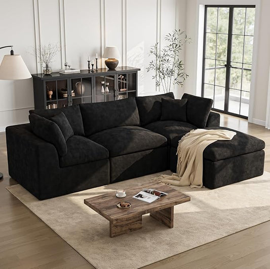 Cloud Sectional Couches for Living Room | 108 Inch L-Shaped Boneless Couch with Ottoman | Black Modular Sectionals Sofa Couch