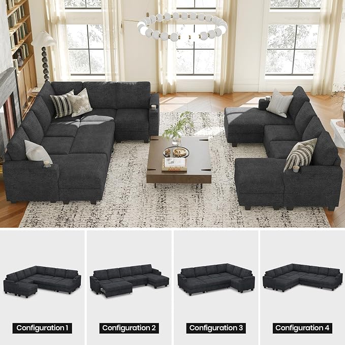 Belffin Modular Sectional Sleeper Sofa Bed with Storage Chaise L Shaped Sectional Couches for Living Room Armrest with Cup Holder. Dark Grey Couch