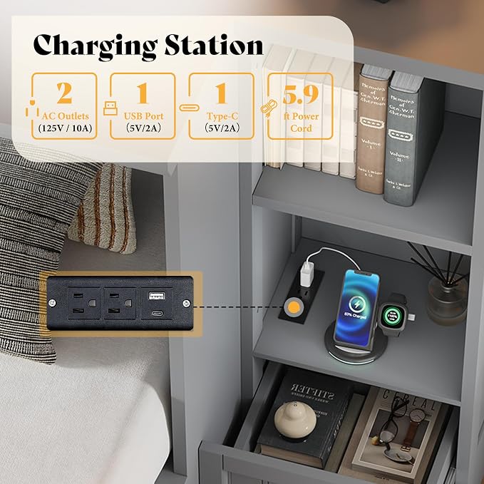 AMERLIFE Full Size Murphy Bed with Bedside Tables, Foldable Cabinet with 3 Storage Drawers & Charging Station, Farmhouse Hideaway Bed for Bedroom/Office/Guest Room, Grey