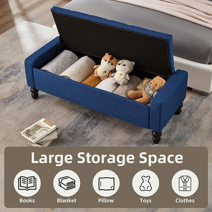 50" W Storage Ottoman Bench with Safety Hinge, Load up to 660 lb Ottoman with Storage, Upholstered Tufted Entryway Bench with Seating for Living Room, Bedroom, Entryway, Blue