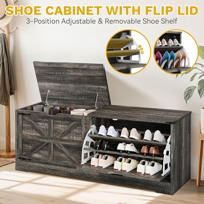 DWVO Shoe Storage Bench, 55" L Shoe Cabinet with 3 Flip Drawer & Flip-Top Storage, Farmhouse Modular Tilt-Out Organizer for Entryway, Mudroom, Bedroom | 3 tilt-out drawers, flip-top storage, farmhouse style, for entryway mudroom bedroom, sturdy wooden ...