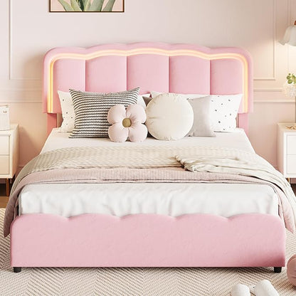 Garvee Queen Size Bed Frame with 2 Storage Drawers and LED Lights, Upholstered Platform Queen Bed with Adjustable Headboard, Wooden Slats Support, No Box Spring Needed, Easy Assembly, Pink