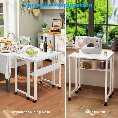 GreenForest Folding Desk with Wheels, 31.5 Inch Compact Rolling Computer Table with Storage Shelf, Portable Mobile Workstation for Small Spaces, Easy Assembly, Pure White