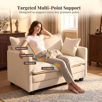 Loveseat Sofa with Cloud 3-Layer Cushion & 27" Deep Seat, Modern Small Couch with 2 Washable Pillows for Small Spaces, Bedroom, Apartment, Office, Living Room, in a Box, 50-Inch Beige
