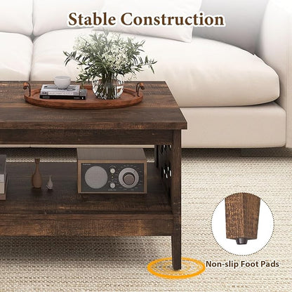 Giantex Farmhouse Coffee Table, 2-Tier Center Table with Storage Open Shelf & Woven Slatted Design, 39.5" Rectangular Accent Cocktail Table, Wood Coffee Tables for Living Room (Rustic Brown)