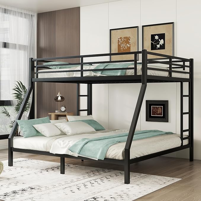 EMKK Queen Over King Bunk Bed for Adults, Metal Bunk Beds Queen Over King Size for Teens Dorm Bedroom Guest Room,Heavy Duty Bunk Beds with Ladder and Safety Full Length Guardrail (Black)