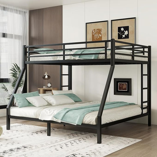EMKK Queen Over King Bunk Bed for Adults, Metal Bunk Beds Queen Over King Size for Teens Dorm Bedroom Guest Room,Heavy Duty Bunk Beds with Ladder and Safety Full Length Guardrail (Black)