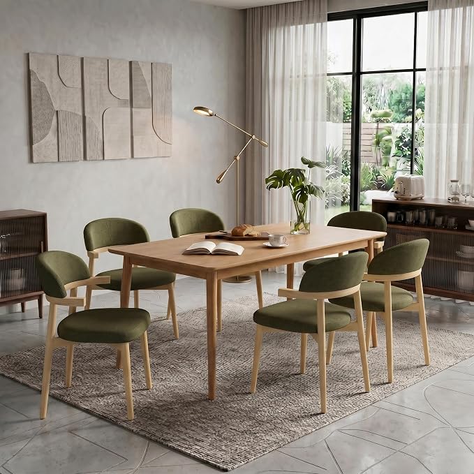 MOJAY Dining Chairs Set of 2 Natural Oak, Linen Green with Curved Armrests