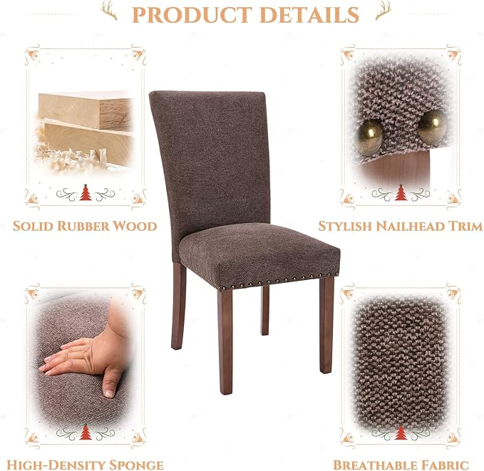 Parsons Dining Chairs Set of 2, Upholstered Nailhead Dining Room Kitchen Side Chair with Thick Cushions and Wood Legs, Brown