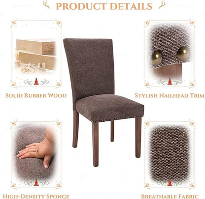 Parsons Dining Chairs Set of 2, Upholstered Nailhead Dining Room Kitchen Side Chair with Thick Cushions and Wood Legs, Brown