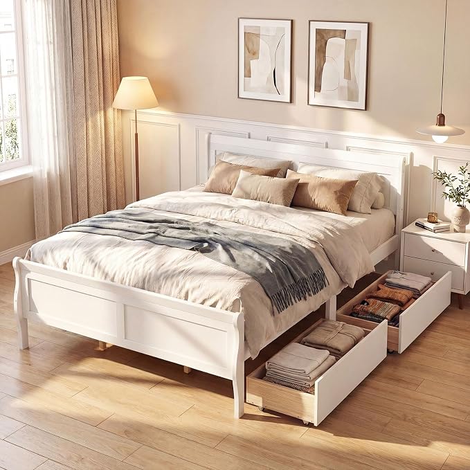 Giantex Queen Bed Frame with 2 Storage Drawers, Wood Platform Bed w/Headboard & Footboard, Wooden Slats Support Mattress Foundation, Sleigh Bedframe for Teens Adults, No Box Spring Needed (White)