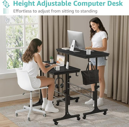 WINAZ Small Portable Rolling Standing Desk - 32 Inch Adjustable Height Mobile Teacher Podium on Wheels for Classroom, Stand Up Desks for Treadmill Walking Pad, Couch Sofa Side Laptop Table, Black