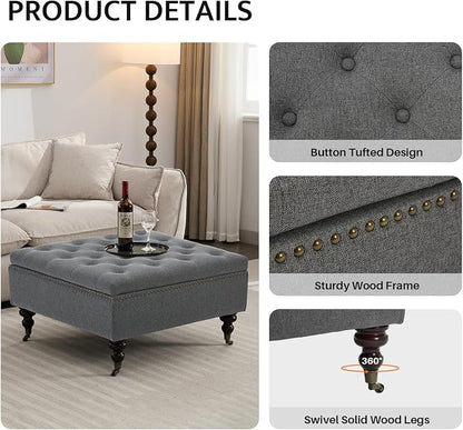 Large Square Storage Ottoman Uphlostered Tufted Button Coffee Table, Oversized Footrest Bench with Castered Rolling Wheels for Living Room, Dark Grey Linen Waterproof