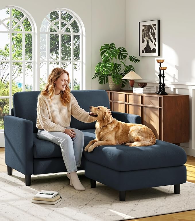 Welzona Loveseat, 51" Small L Shaped Couch, Comfy Teddy Love Seat with Ottoman Set, Tool-Free Setup Loveseat Sofa with Ottoman, All-Wood Small Sofa Couch for Bedroom, Couch for Living Room, Blue Grey