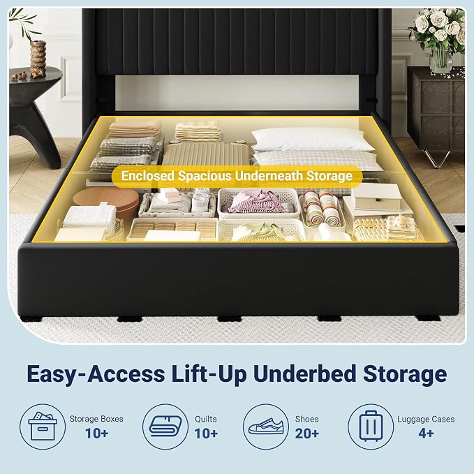 Allewie Full Size Lift Up Storage Bed Frame, Hydraulic Support System, Upholstered Platform Bed Frame, Underneath Storage, Vertical Channel Tufted Headboard with Wingback, No Box Spring Needed, Black