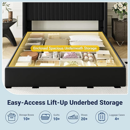Allewie Full Size Lift Up Storage Bed Frame, Hydraulic Support System, Upholstered Platform Bed Frame, Underneath Storage, Vertical Channel Tufted Headboard with Wingback, No Box Spring Needed, Black