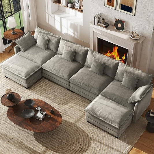 WorthFurni 146” Oversized Modular Sectional Sofa, U Shaped Cloud Couch Set for Living Room, 4-Seater Comfy Chenille Couches with 2 Movable Ottomans, DIY Combination （Grey）