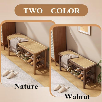 SOBIBO Bamboo Shoe Rack Bench with Rattan Seat, 3-Tier Shoe Storage Bench, Entryway Bench for Hallway Nature-23.62 inches