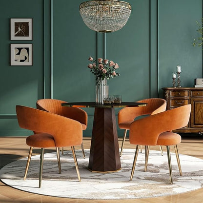 Hyfirm Orange Velvet Dining Chairs Set of 4, Modern Gold Legs Dining Room Chairs with Hollow Back, Upholstered Accent Kitchen Chairs for Living Room/Reception/Restaurant