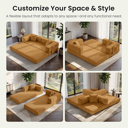 78.8" Convertible Futon Sofa Bed,Corduroy Futon Couch with Storage Pocket,Folding Pull Out Sofa,No Assembly Boneless Couch for Living Room,Yellow