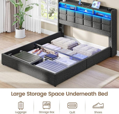 Driftalia Lift Up Queen Bed Frame with Storage, Upholstered Bed Frame Queen Size with LED Lights Headboard and Charging Station, No Box Spring Needed, Easy Assembly - Dark Grey