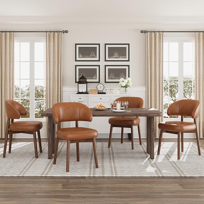 MALOL Wooden Dining Chairs Set of 4, Modern Upholstered Dining Room Chair, PU Leather Kitchen Side Chairs with Curved Open Back for Living Room/Restaurant/Cafe, Brown