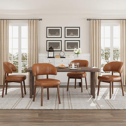 MALOL Wooden Dining Chairs Set of 4, Modern Upholstered Dining Room Chair, PU Leather Kitchen Side Chairs with Curved Open Back for Living Room/Restaurant/Cafe, Brown