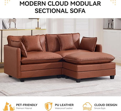 76'' Cloud Deep Seat Loveseat Sofa, Upholstered Leather Modular 2-Seats Sectional Sofa Couch with Movable Ottoman, Modern Comfy Settee Loveseat for Living Room Set, Small Apartment,Leather Brown