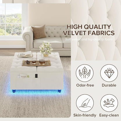 Dnxao Large Ottoman with Storage,Lift Top Coffee Table 31.5" Square Upholstered Tufted Footrest with LED Lights, Charging Station,2 Side Pockets and Removable Tray for Living Room, Beige