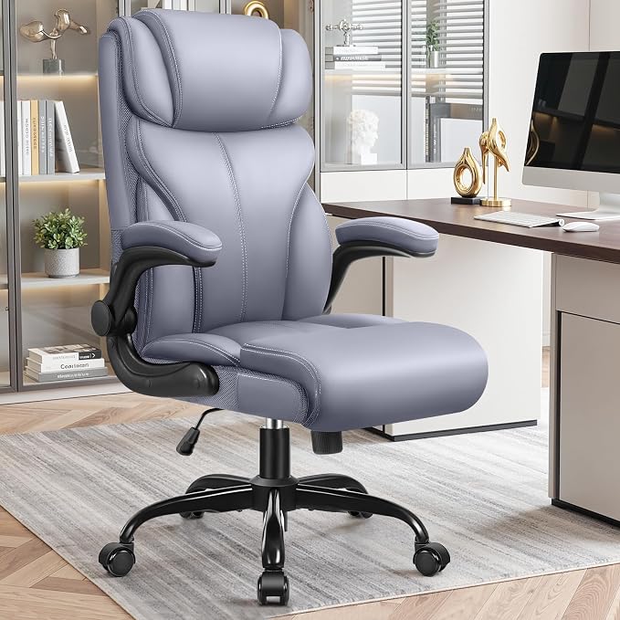 Primy Office Chair, Ergonomic Leather Desk Chair with Flip-up Armrests, Big and Tall High Back Executive Computer & Gaming Chair with Footrest, Comfy Padded, Rocking Function and Lumbar Support(Gray)