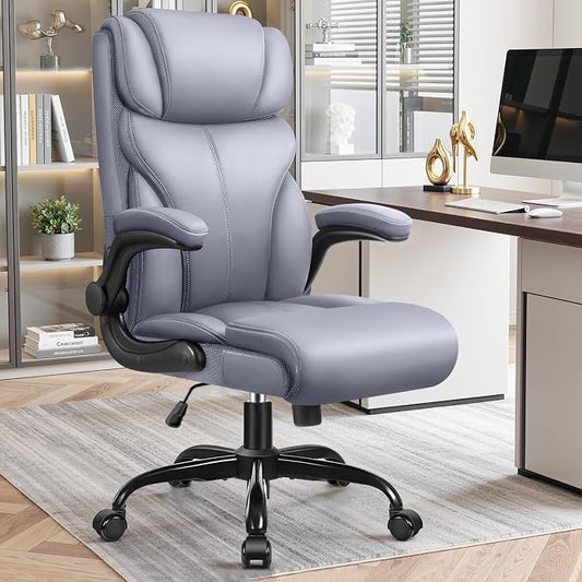 Primy Office Chair, Ergonomic Leather Desk Chair with Flip-up Armrests, Big and Tall High Back Executive Computer & Gaming Chair with Footrest, Comfy Padded, Rocking Function and Lumbar Support(Gray)