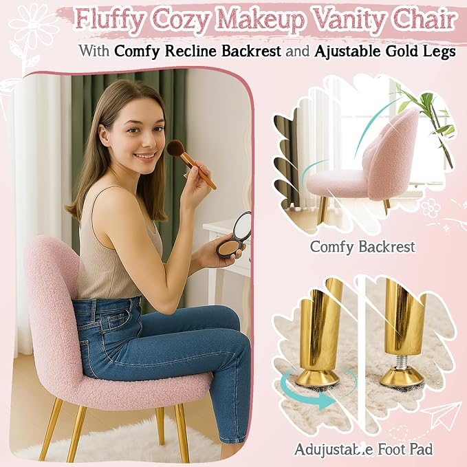 VINGLI Boucle Girls Vanity Chair with Back & Pillow,Cute Small Cozy Desk Chair No Wheels,Comfy Makeup Ch with Ajustable Gold Legs,for Bedroom,Living Room,Small Space,Pink