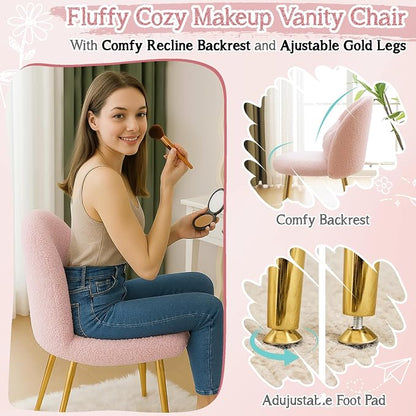 VINGLI Boucle Girls Vanity Chair with Back & Pillow,Cute Small Cozy Desk Chair No Wheels,Comfy Makeup Ch with Ajustable Gold Legs,for Bedroom,Living Room,Small Space,Pink