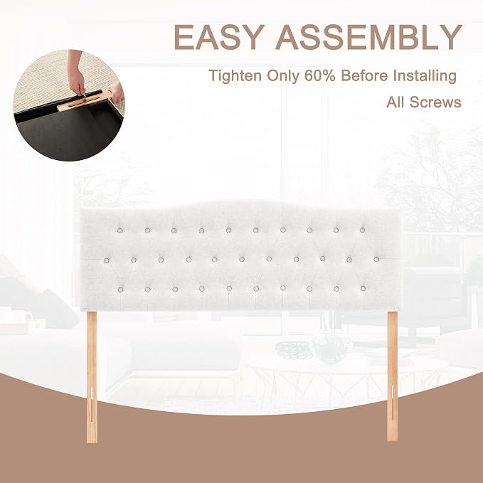 Tufted Headboard California King Size, Sturdy Solid Wood Head Board, White | Upholstered California King Headboard with Solid Wood Legs, Adjustable Height 37-51 in, Fabric Button Diamond HeadBoards