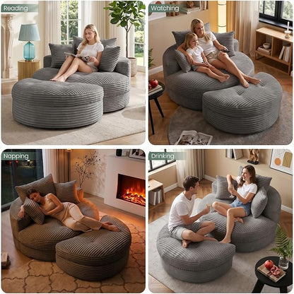 Oversized Round Chaise Lounge Chair, Deep Seat Cloud Boneless Floor Sofa Couch, Upholstered Corduroy Sleeper with 3 Pillows & Optional Ottoman, No Assembly Modern Lazy Floor Lounger for Living Room