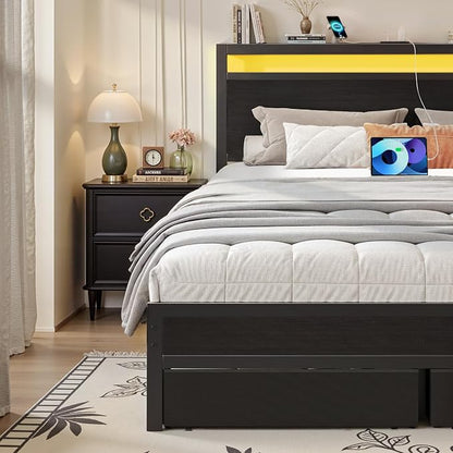 Fluest Queen Bed Frame,Queen Bed Frame with Storage Headboard & 2 Storage Drawer, Charging Station & LED Light, No Box Spring Needed, Noise Free, Easy Assembly, Classic Black