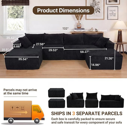 Claiks 132" Boneless Couch, Cloud Couch Sectional, U-Shape Corduroy Modular Sectional Sofa Deep Seat, Upholstered Couches for Living Room, No Assembly Required, Black