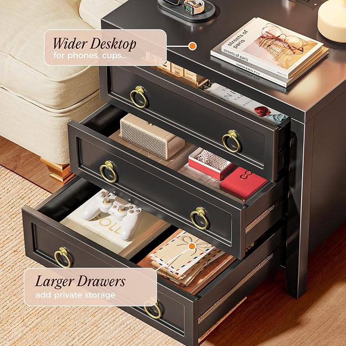 Huuger 23.6 Inch Night Stand with Charger Station and USB-C Port, 3 Drawer Nightstand, Larger Wider Bedside Table, Modern Side End Table, for Bedroom, Black Nightstand