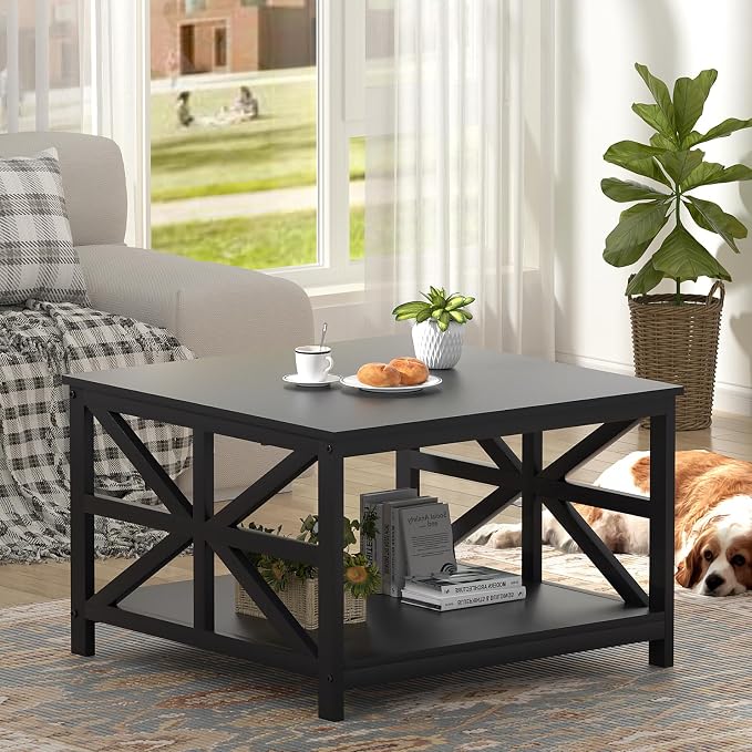 GreenForest Modern Living Room Coffee Table with 2 Tier Storage | X Metal Frame Square Center Table with Seamless One-Piece Tabletop,27.55 inch Sofa Table,Scratch-resistant,Black