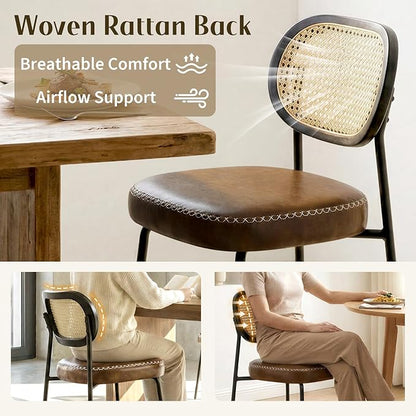 Rattan Dining Chairs Set of 4, Upholstered Dining Chairs with Handwoven Cane Back, Mid Century Modern Kitchen & Dining Room Chairs with Thick Cushion and Metal Frame, 300 lbs Capacity, Brown