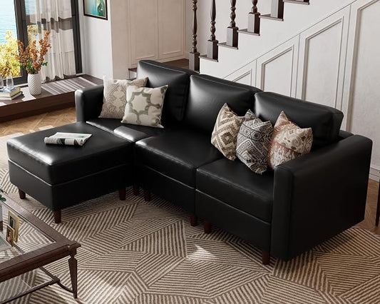 ABCASA L-Shaped Leather Couch, 4 Seater Oversized Faux Leather Couch with Waterproof Covers, Modular Sectional Modern Couch with Movable Storage Seat Ottoman for Living Room, Bedroom Apartment,Black