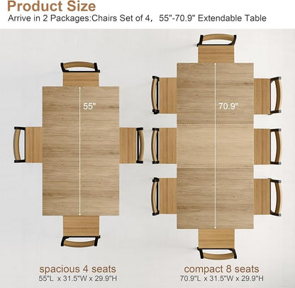 5-Piece Dining Table Set for 4 6 8, Large 55"-70.9" Extendable Dining Room Table Rectangle with Kitchen Chairs of 4, MDF Wood & Metal Frame for Apartment Kitchen Saving Space, Rustic, Farmhouse, Oak