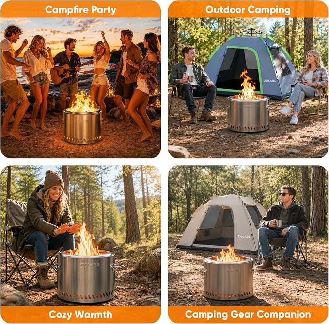 Golabs Smokeless Portable Fire Pit, 19.5" Stainless Steel, for Wood/Charcoal/Pellet Fuel, Portable with Sturdy Handles & Fire Cover, Suitable for 2-6 People, Perfect for Backyard, Picnics & Camping