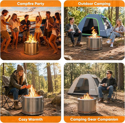 Golabs Smokeless Portable Fire Pit, 19.5" Stainless Steel, for Wood/Charcoal/Pellet Fuel, Portable with Sturdy Handles & Fire Cover, Suitable for 2-6 People, Perfect for Backyard, Picnics & Camping