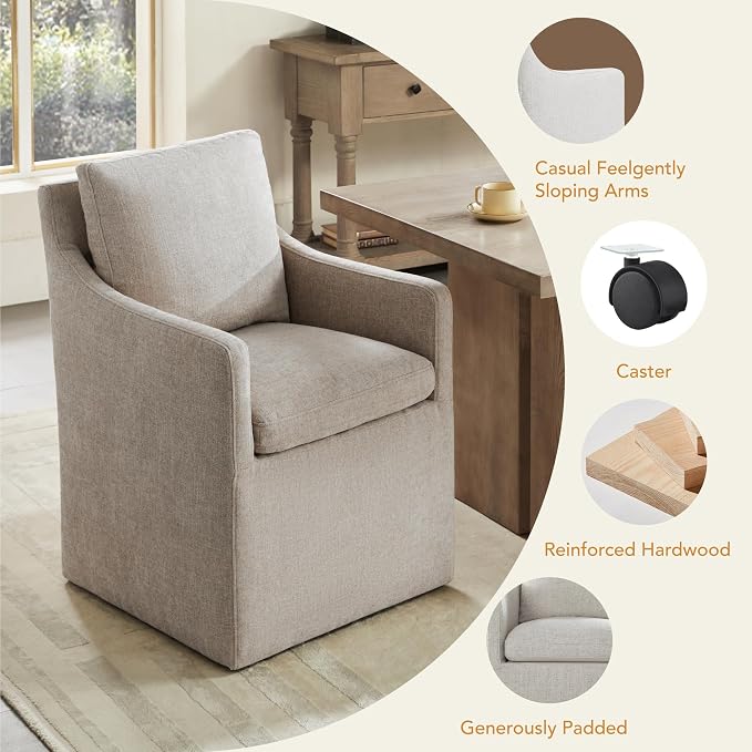 KISLOT Upholstered Dining Chairs with Casters, No Assembly Modern Accent Armchair with Rollers for Dining Room, Bedroom, Living Room, Reading Room, Already Assembled, Sand, 1 Box