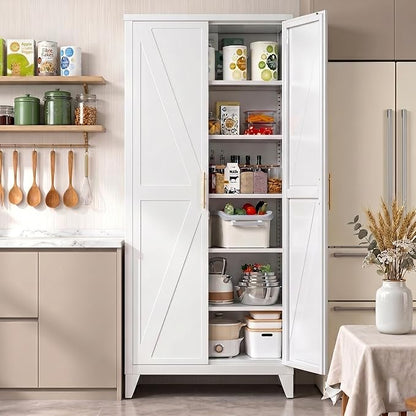 75.3 in Metal Kitchen Pantry Cabinet, White, 5 Adjustable Shelves | Tall storage cabinet with doors and shelves for kitchen pantry, laundry, utility room, office, garage, and food storage