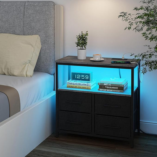 TUTOTAK LED Night Stand with Charging Station, Large Nightstand with USB and Type-C Port, Bedside Table with Cloth Drawers, End Table for Livingroom, Bedroom, Charcoal Grey TB01BY081L