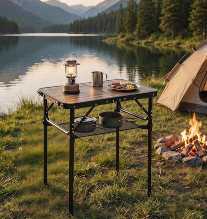 Mini Folding Camping Table - 2ft RV Space-Saving Table& Kids Toy/Learning Desk, Anti-Stain Desktop for Outdoor Glamping/Picnic/Patio & Indoor Decor (Retro Wooden-Grained)