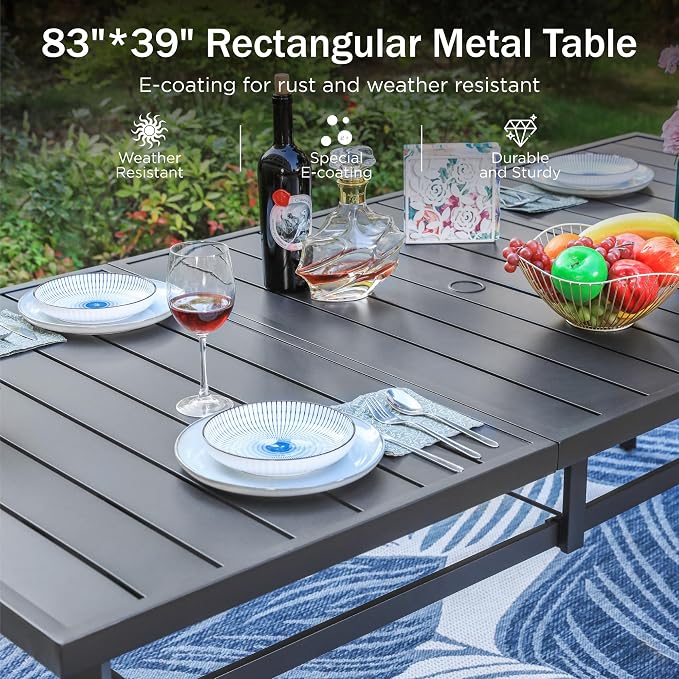 PHI VILLA 9 PCS Patio Dining Set, Aluminum Outdoor Furniture, Patio Table and Chairs for 8, Lightweight Stackable Chairs with Breathable Fabric and Elongated Metal Table for Garden Yard Deck, Grey